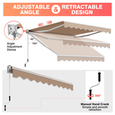 10FT x 8FT Retractable Shade Patio Awning with Crank Handle-Beige