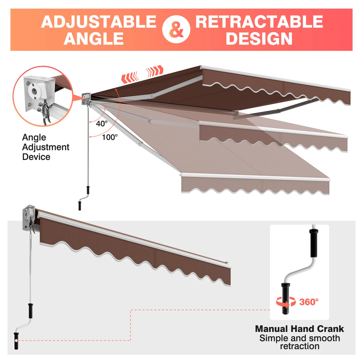 10 x 8.2 Feet Retractable Awning with Easy Opening Manual Crank Handle-Coffee