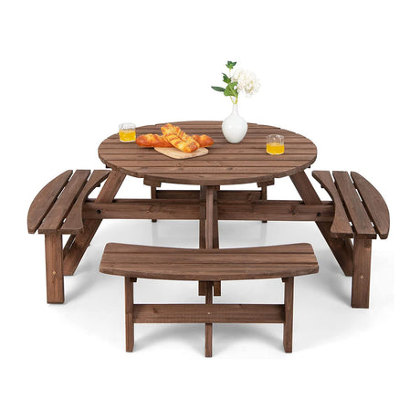 Patio 8 Seat Wood Picnic Dining Seat Bench Set