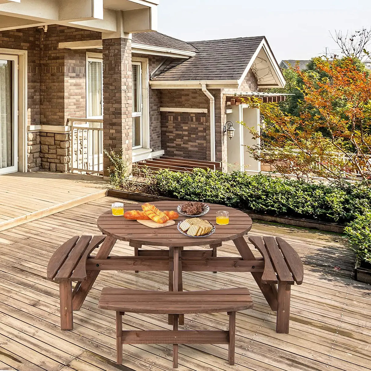 Patio 8 Seat Wood Picnic Dining Seat Bench Set