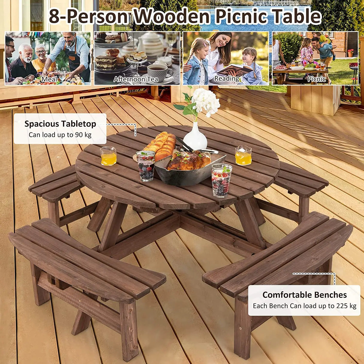 Patio 8 Seat Wood Picnic Dining Seat Bench Set