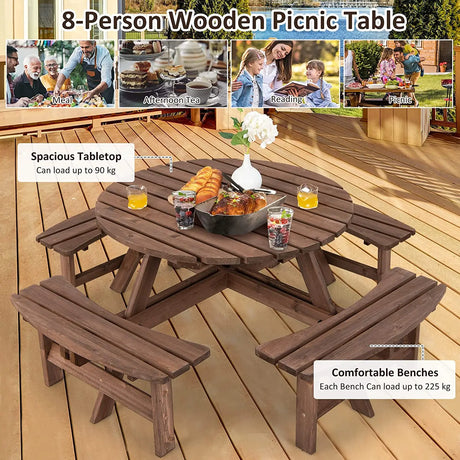 Patio 8 Seat Wood Picnic Dining Seat Bench Set