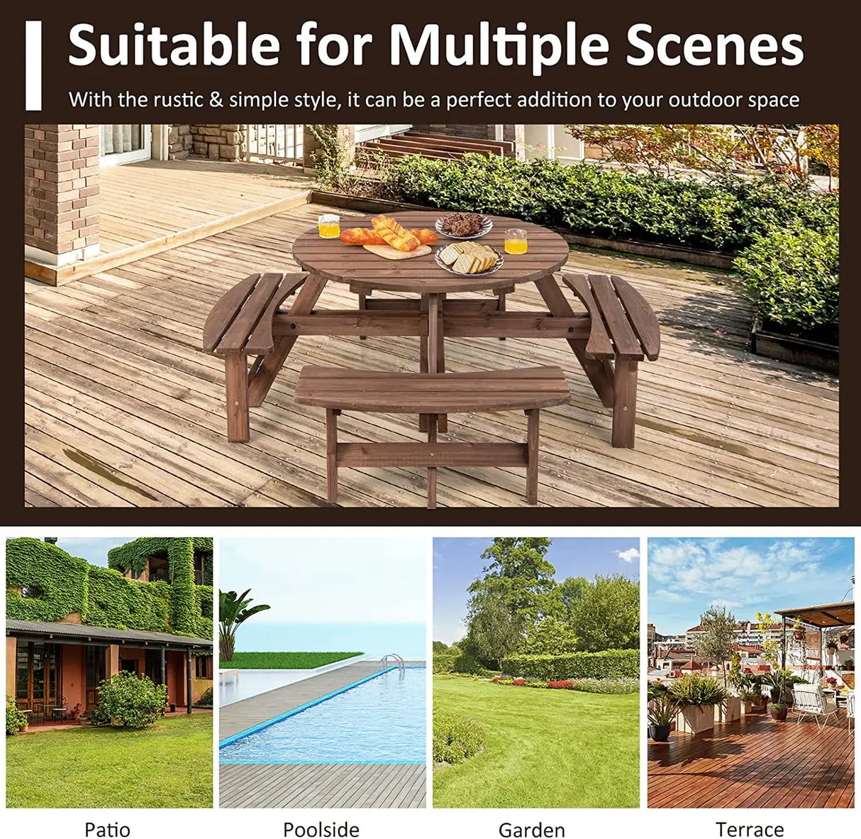 Patio 8 Seat Wood Picnic Dining Seat Bench Set