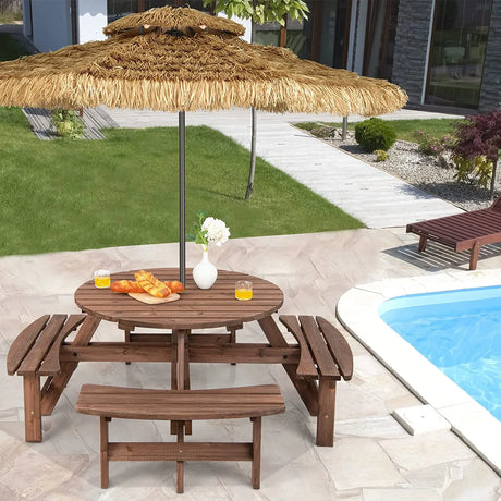 Patio 8 Seat Wood Picnic Dining Seat Bench Set