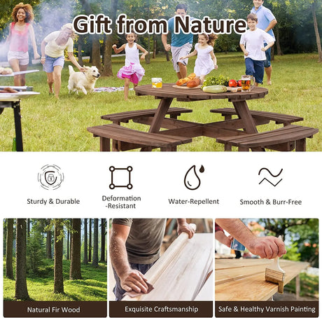 Patio 8 Seat Wood Picnic Dining Seat Bench Set