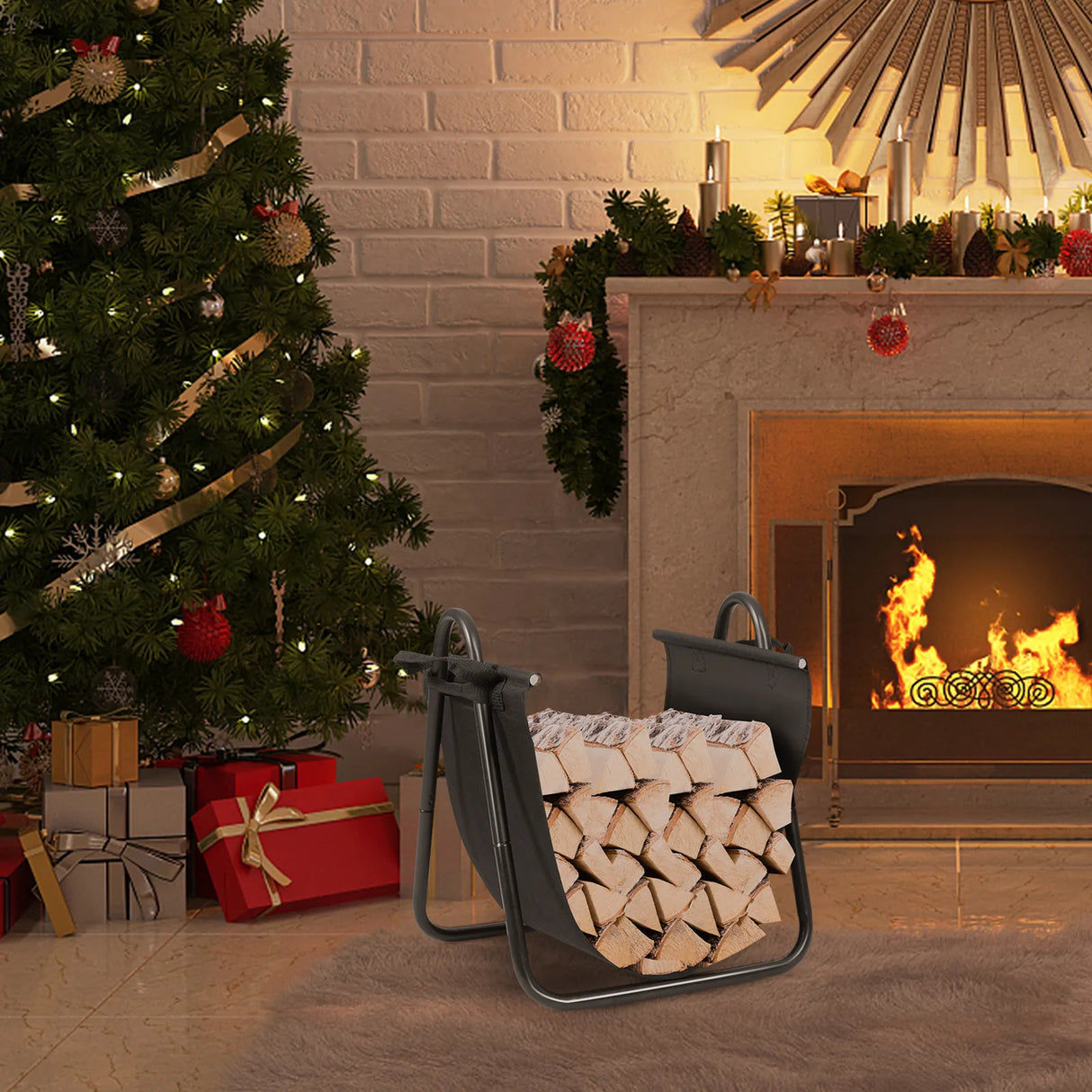 Firewood Rack Log Wood Storage Holder with Canvas Tote Carrier