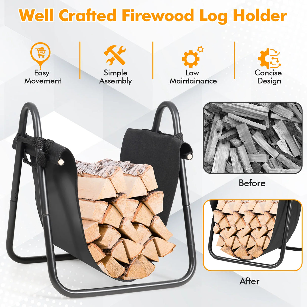 Firewood Rack Log Wood Storage Holder with Canvas Tote Carrier