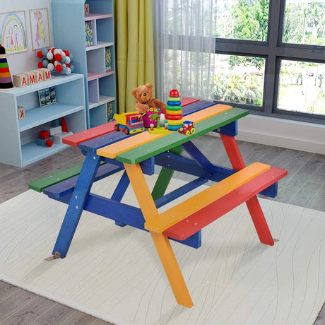 Kids Solid Wood Picnic Table Set with Umbrella
