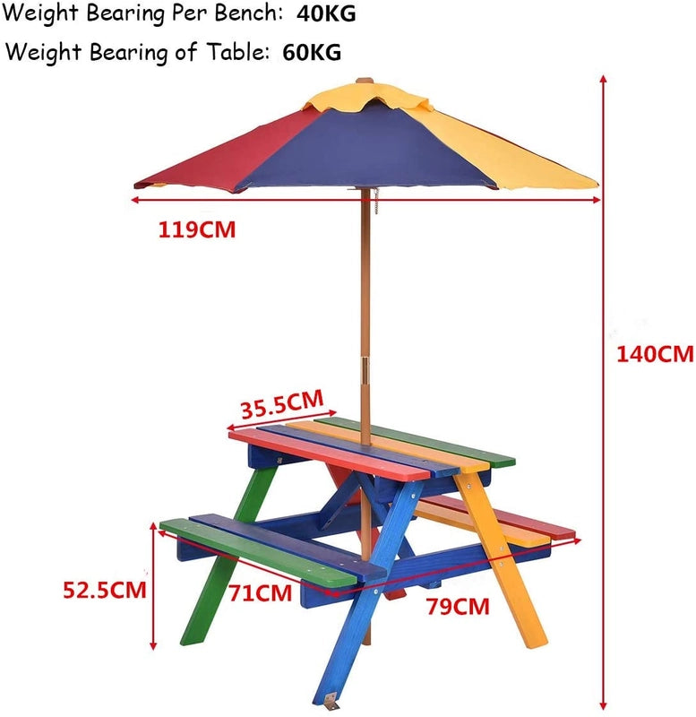 Kids Solid Wood Picnic Table Set with Umbrella