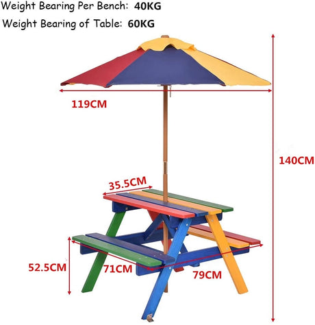 Kids Solid Wood Picnic Table Set with Umbrella