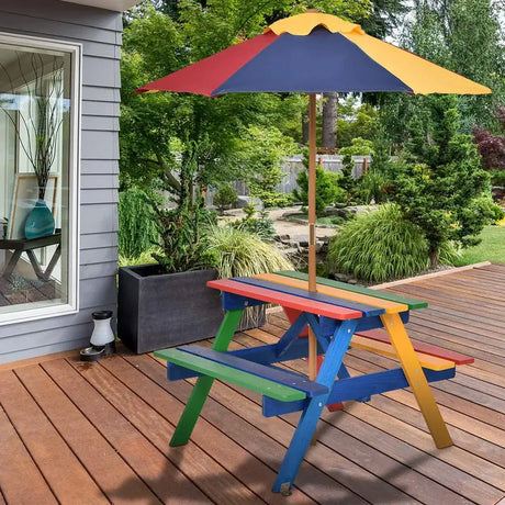 Kids Solid Wood Picnic Table Set with Umbrella