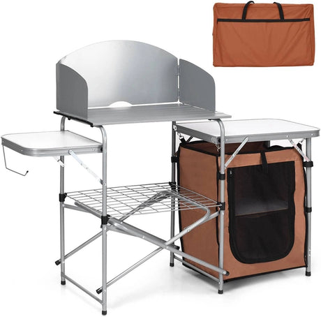 Folding Camping Table with Storage &amp; Windscreen for BBQ &amp; Party-Coffee