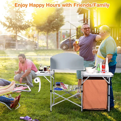 Folding Camping Table with Storage &amp; Windscreen for BBQ &amp; Party-Coffee