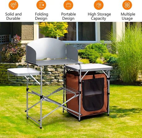 Folding Camping Table with Storage &amp; Windscreen for BBQ &amp; Party-Coffee