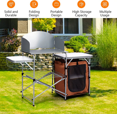 Folding Camping Table with Storage &amp; Windscreen for BBQ &amp; Party-Coffee