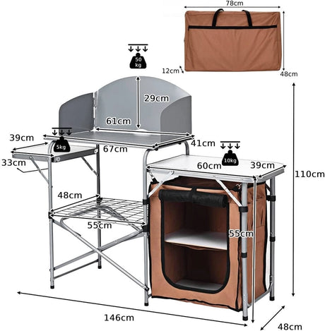 Folding Camping Table with Storage &amp; Windscreen for BBQ &amp; Party-Coffee