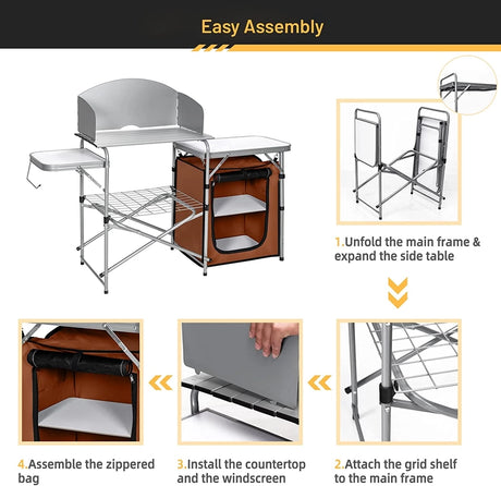 Folding Camping Table with Storage &amp; Windscreen for BBQ &amp; Party-Coffee