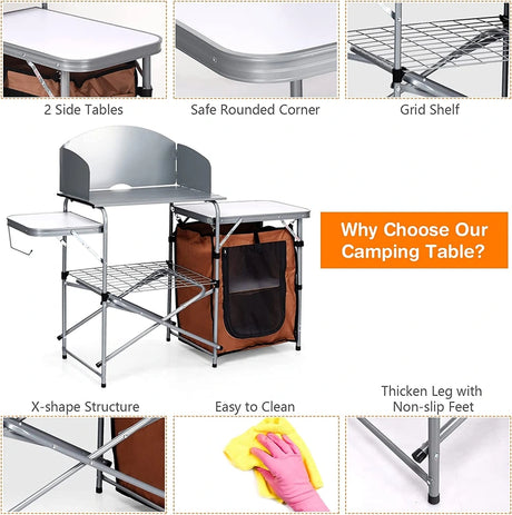 Folding Camping Table with Storage &amp; Windscreen for BBQ &amp; Party-Coffee