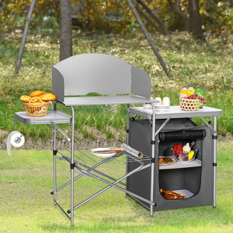 Folding Camping Table with Storage &amp; Windscreen for BBQ &amp; Party-Gray