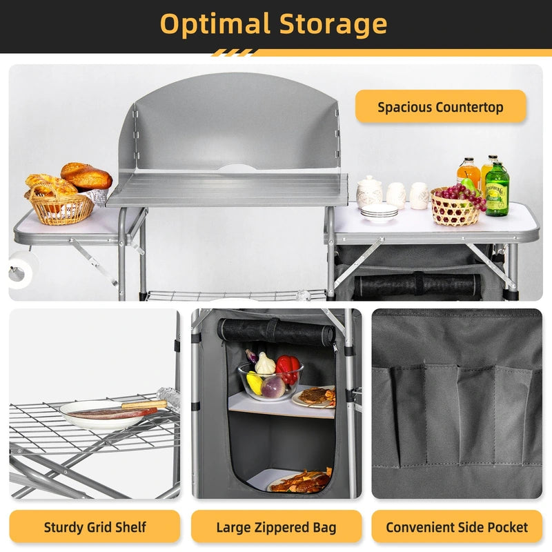 Folding Camping Table with Storage &amp; Windscreen for BBQ &amp; Party-Gray