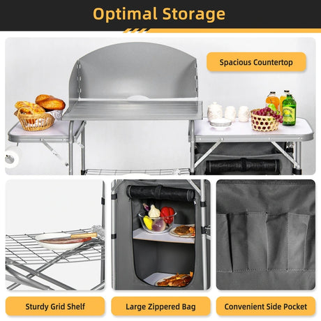 Folding Camping Table with Storage &amp; Windscreen for BBQ &amp; Party-Gray