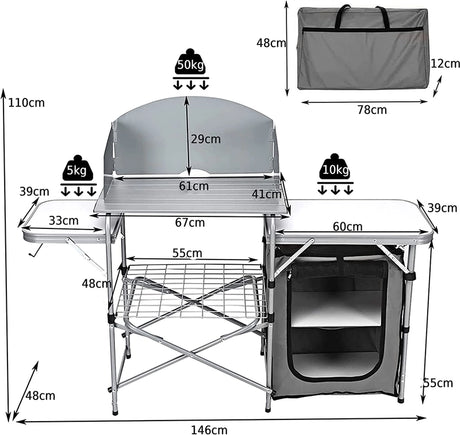 Folding Camping Table with Storage &amp; Windscreen for BBQ &amp; Party-Gray