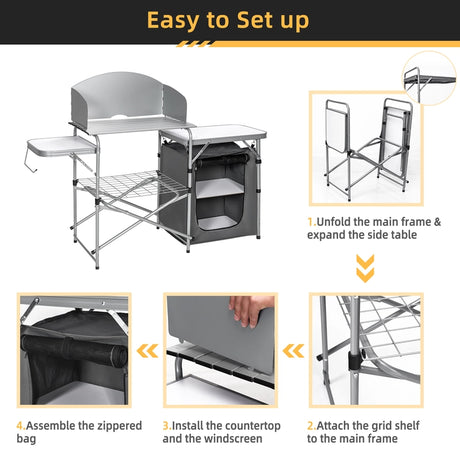 Folding Camping Table with Storage &amp; Windscreen for BBQ &amp; Party-Gray