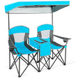 Double Folding Camping Chair with Canopy and Armrests-Blue