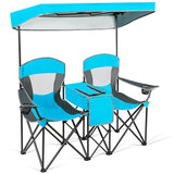 Double Folding Camping Chair with Canopy and Armrests-Blue