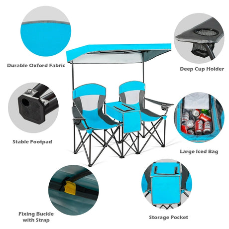 Double Folding Camping Chair with Canopy and Armrests-Blue