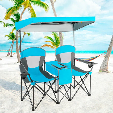 Double Folding Camping Chair with Canopy and Armrests-Blue
