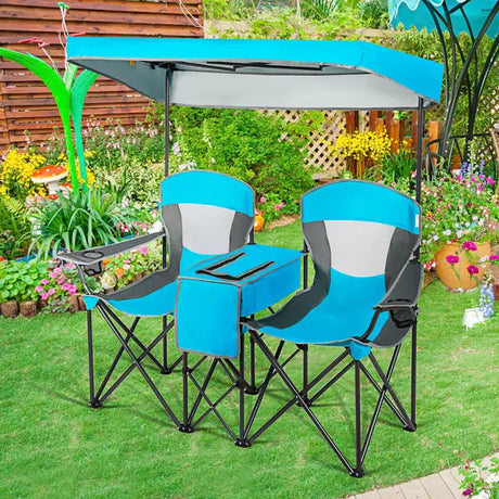 Double Folding Camping Chair with Canopy and Armrests-Blue