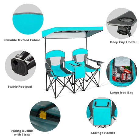 2-Person Folding Canopy Chairs with Sun Shade for Beach
