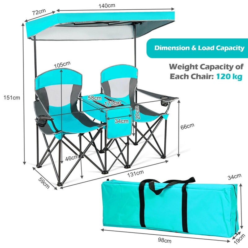 2-Person Folding Canopy Chairs with Sun Shade for Beach