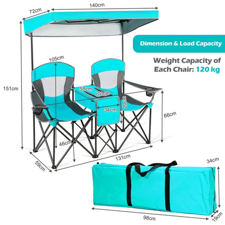 2-Person Folding Canopy Chairs with Sun Shade for Beach