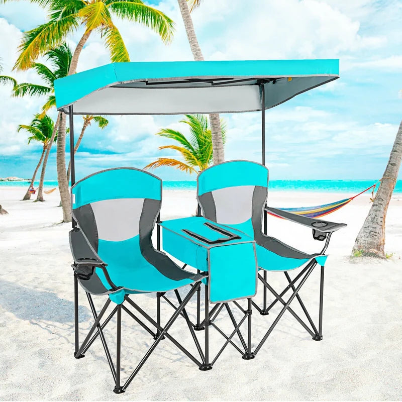 2-Person Folding Canopy Chairs with Sun Shade for Beach