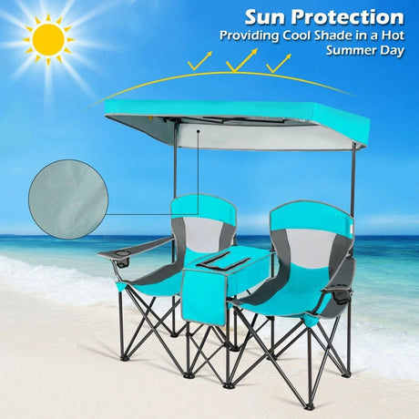 2-Person Folding Canopy Chairs with Sun Shade for Beach
