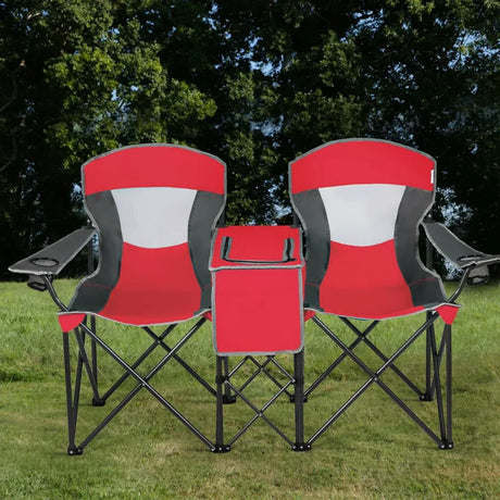 Double Folding Camping Chair with Canopy and Armrests-Red