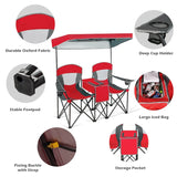 Double Folding Camping Chair with Canopy and Armrests-Red