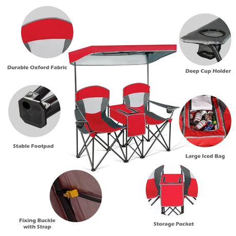 Double Folding Camping Chair with Canopy and Armrests-Red