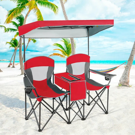 Double Folding Camping Chair with Canopy and Armrests-Red