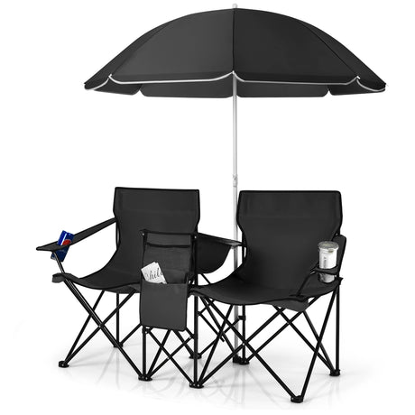 Folding Camping Loveseat  with Removable Umbrella & Cupholder for Picnic