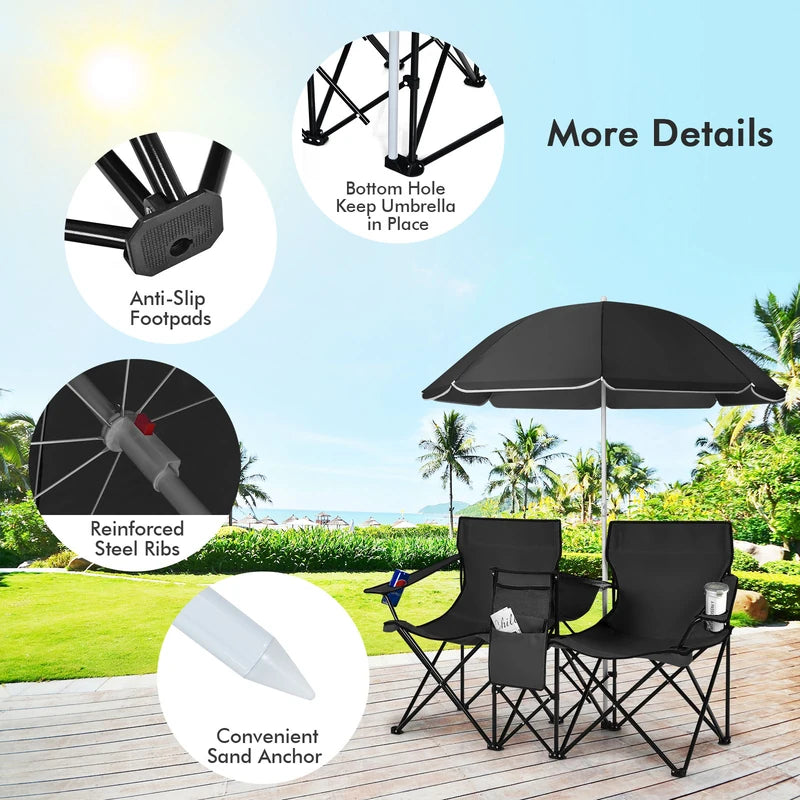 Folding Camping Loveseat  with Removable Umbrella & Cupholder for Picnic