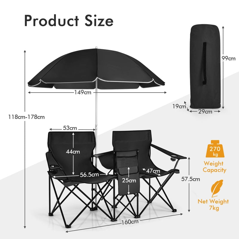 Folding Camping Loveseat  with Removable Umbrella & Cupholder for Picnic