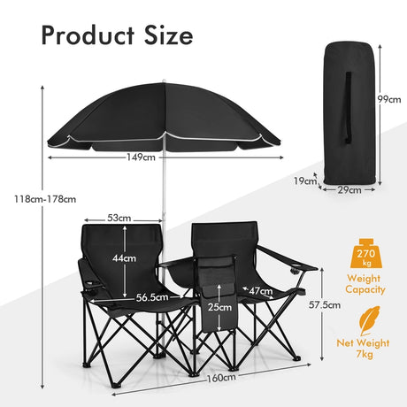Folding Camping Loveseat  with Removable Umbrella & Cupholder for Picnic
