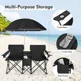 Folding Camping Loveseat  with Removable Umbrella & Cupholder for Picnic