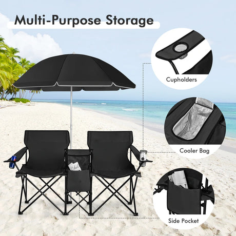 Folding Camping Loveseat  with Removable Umbrella & Cupholder for Picnic