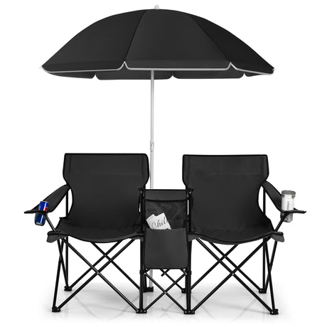 Folding Camping Loveseat  with Removable Umbrella & Cupholder for Picnic