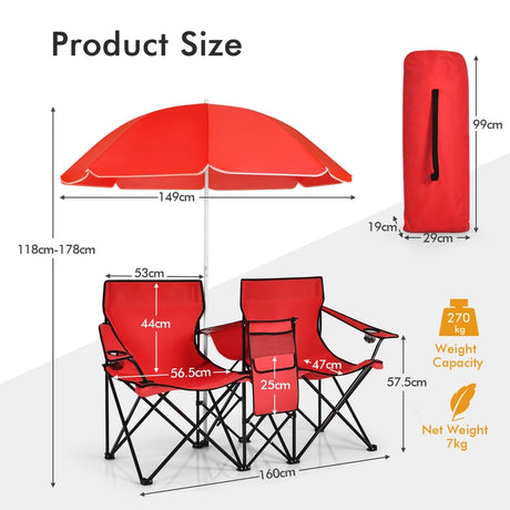 Portable Folding Picnic Double Chair With Umbrella-Red