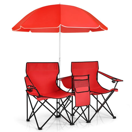 Portable Folding Picnic Double Chair With Umbrella-Red